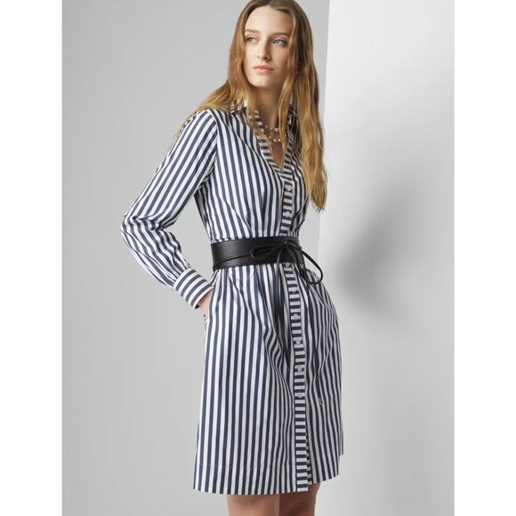 WHBM Long Sleeve Poplin Shirt Dress, French Navy Stripe, Size 8 - Picture 3 of 12